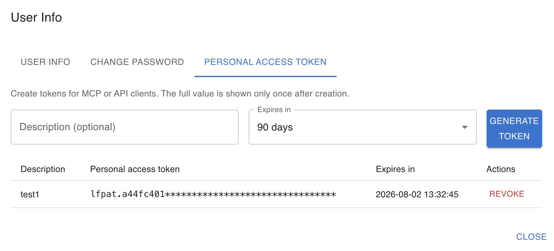 Create personal access token dialog or form